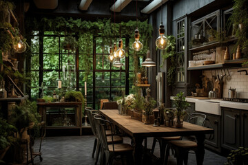 Fototapeta premium A spacious kitchen with a long table, chairs, and lots of greenery