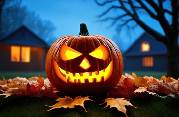 Carved pumpkin glowing in the dark surrounded by autumn leaves against a suburban house
