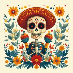 Festive Dia de los Muertos Greeting Card with Skull, Sombrero, and Maracas in Flat Style Vector Illustration
