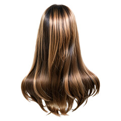 Naklejka premium This stunning long brown wig features flowing, luxurious strands with highlights that give it a natural and vibrant look, perfect for various styling options and occasions