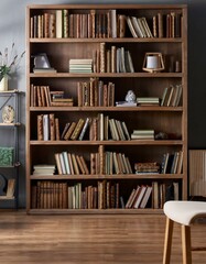 bookcase full of books and reading room and armchair 