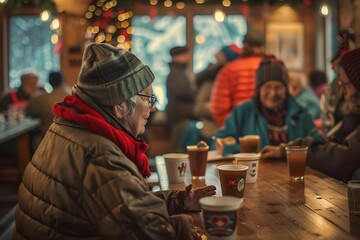 Obraz premium A cozy indoor setting where people enjoy drinks together, surrounded by warm decorations and holiday lights.