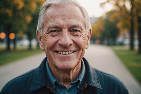 Close portrait of a smiling senior American man looking at the camera, American outdoors blurred background