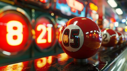 A close-up of a red bingo ball marked with the number 05, set against a vibrant backdrop of illuminated bingo game numbers.
