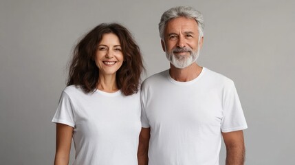 Old mature couple with matching Mockup White t-shirt Mockup , happy lovely man and woman