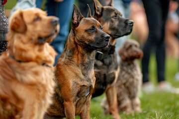 Obraz premium A group of well-groomed dogs sits attentively in a grassy area, showcasing a variety of breeds and their unique features.