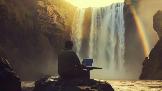 A digital marketer planning campaigns on a laptop, at a table right at the edge of a magnificent waterfall with rainbows in the mist. - Powered by Adobe