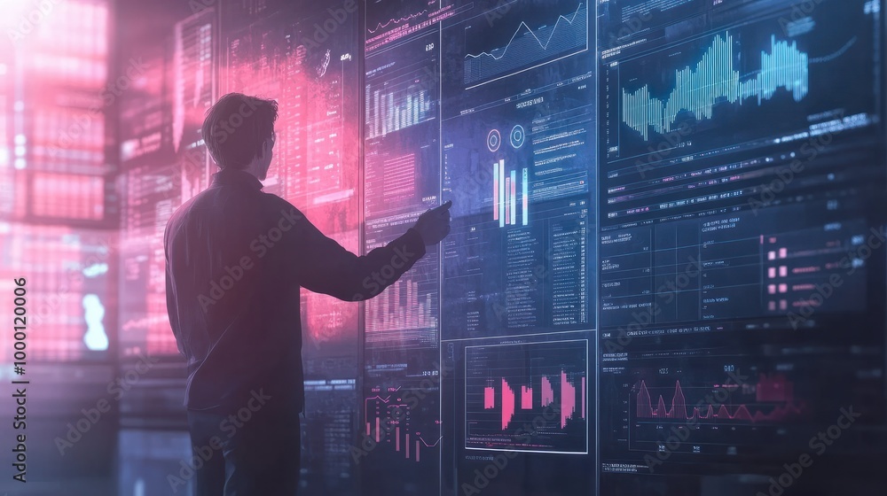 Poster person presenting and evaluating data chart - illustration created with generative ai