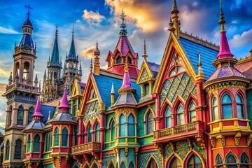 Obraz premium Intricate Gothic Victorian Architecture Featuring Spires, Arches, and Ornate Detailing in Cityscape
