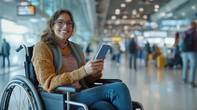 Phone, smile and a woman with a disability in an airport for travel or online booking confirmation. Business, communication and a flight passenger in a wheelchair for check in or accessibility