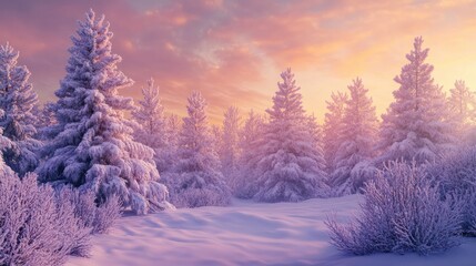 Pine trees covered with snow on frosty evening. Beautiful winter panorama