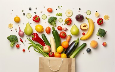 Fresh fruits and vegetables flying out of paper bag on white background.