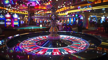 A vibrant casino scene featuring a roulette wheel, illuminated by colorful lights and surrounded by slot machines and players.