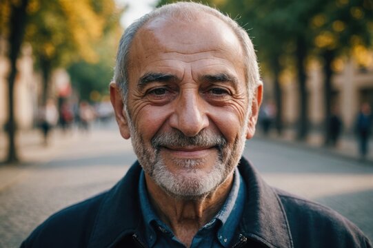 Close portrait of a smiling senior Armenian man looking at the camera, Armenian outdoors blurred background