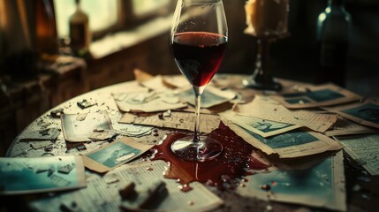 Fototapeta premium A glass of wine spilled on an old table, the stain spreading through letters and photographs scattered around, telling a story of grief and nostalgia.
