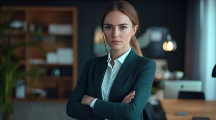 Portrait of successful business woman inside office, standing with arms crossed
