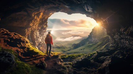 A hiker at the mouth of a vast cave, their flashlight piercing the darkness, symbolizing the human drive to explore uncharted territories.