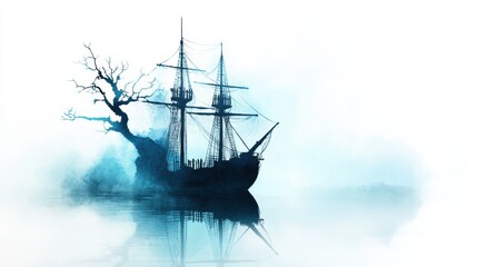 Obraz premium Ghostly Sailboat Glides Through Misty Waterscape