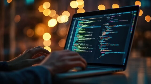Programmer coding on laptop, software development and web design concept