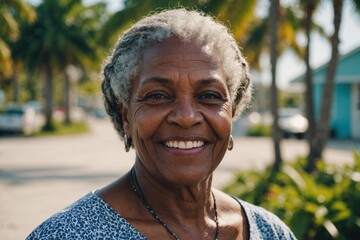 Close portrait of a smiling senior Bahamian woman looking at the camera, Bahamian outdoors blurred background
