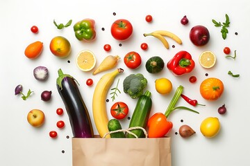 Fresh fruits and vegetables flying out of paper bag on white background.