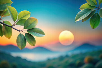 Obraz premium Sunset over tranquil mountains with lush green foliage framing a serene landscape at twilight. Generative AI
