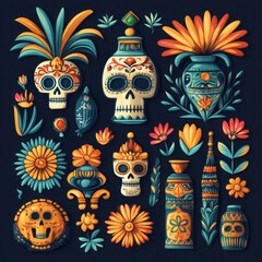 Fototapeta premium Colorful Mexican Icons and Illustrations Vector Collection for Cinco de Mayo and Day of the Dead Festivities