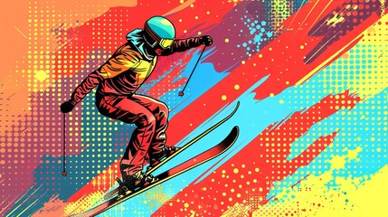 A vibrant Pop Art illustration of a skier performing an exhilarating downhill maneuver in a dynamic, colorful background. Concept of winter sports, adventurous skiing, energetic