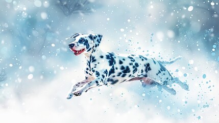 Digital art of a Dalmatian Dog Joyfully Jumping Amidst Sparkling Snowflakes. Concept of Joy, Nature's Beauty, Winter Wonderland
