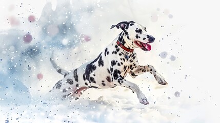 Digital art of a Dalmatian Dog Joyfully Jumping Amidst Sparkling Snowflakes. Concept of Joy, Nature's Beauty, Winter Wonderland