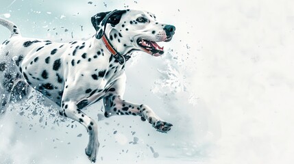 Digital art of a Dalmatian Dog Joyfully Jumping Amidst Sparkling Snowflakes. Concept of Joy, Nature's Beauty, Winter Wonderland