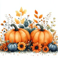 Naklejka premium Fall Floral Pumpkins Clip Art for Halloween and Autumn Design Elements, Isolated on White Background - Watercolor Illustration