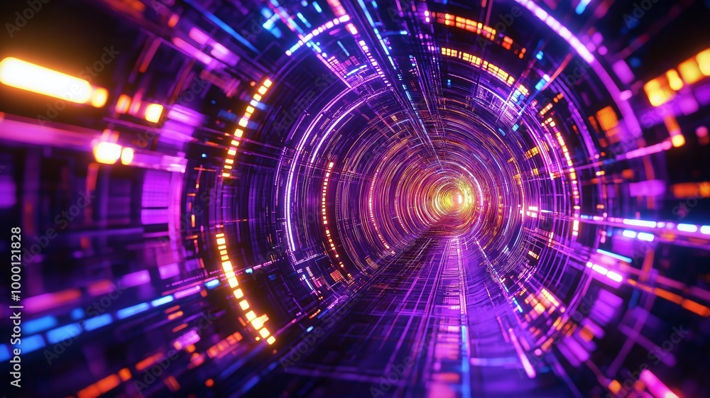 Poster abstract futuristic tunnel with vibrant neon lights in motion, representing technology and digital d