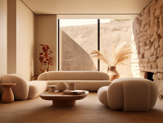 Simple minimalist interior living room with beige walls and abstract assymetric boucle sofa in light color. Abstract statement decor.