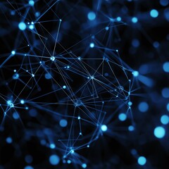 Abstract image of interconnected blue lights and lines representing a digital network or data communication on a dark background.
