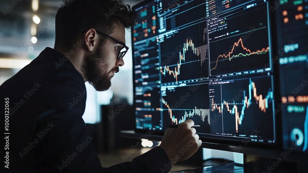 Aufkleber focused stock trader analyzing financial data on multiple monitors in a dimly lit office environment