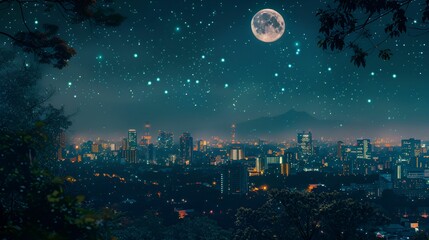 Naklejka premium Full Moon Over a Starry City Skyline, City Lights Beneath a Star-Filled Night Sky