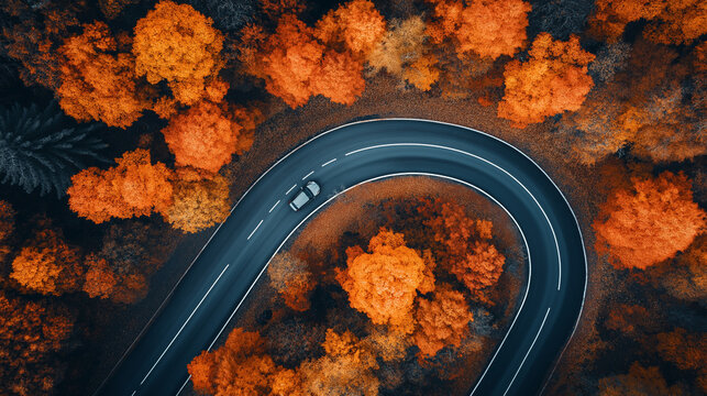 Aerial view of car traveling on a curvy road through autumn forest, fall foliage from above, scenic journey in nature, beautiful landscape with orange and yellow leaves, top drone shot . Generative AI