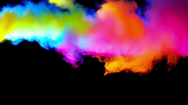 mesmerizing colorful smoke against pitch-black backdrop, rainbow of fire