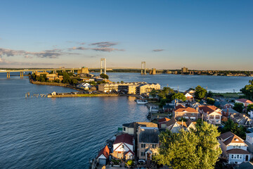 Aerial view of the Bronx New York and the Throgs Neck bridge at sunset.