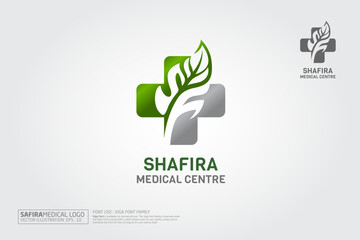 Shafira Medical Centre Vector Logo Template. Cross and leaf symbol vector design logo. This Logo template is suitable for Beauty salon, Yoga, Wellness and Spa resort companies.