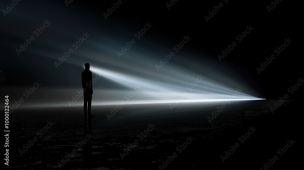 Poster a person standing at the edge of a shadow, stepping into a beam of light that breaks through the dar