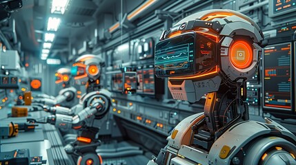 Futuristic photo-style image featuring virtual reality and robotics working together with AI and machine learning elements integrated into a high-tech scene. high resolution Illustration, in the