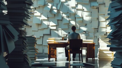 A person sitting at a desk, surrounded by towering stacks of paper that cast long shadows, symbolizing the weight of administrative and workplace pressures.
