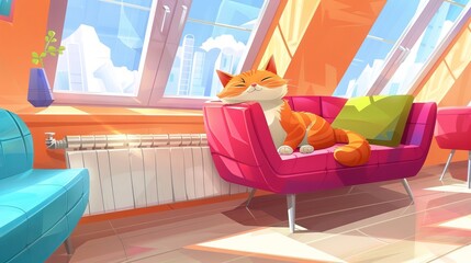 Fototapeta premium Cheerful orange tabby cat relaxing on a modern pink chair in a sunny, vibrant room with a cityscape view. Concept of cozy home, urban lifestyle, and pet companionship