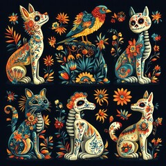 Mexican Day of the Dead Animal Skeletons Collection with Colorful Decorations and Flowers for Fiesta and Halloween Celebration