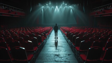 Naklejka premium A person standing in a spotlight on an empty stage, facing an auditorium filled with empty chairs, each bearing the name of a different expectation, highlighting the loneliness of ambition.