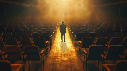 A person standing in a spotlight on an empty stage, facing an auditorium filled with empty chairs, each bearing the name of a different expectation, highlighting the loneliness of ambition.