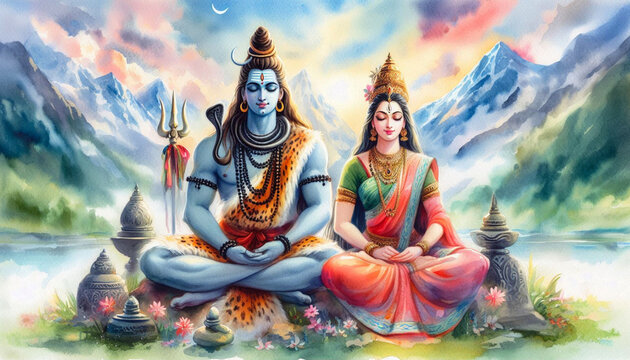 portrait of colorful watercolor Indian Hindu religious god Shiva or shiv with goddess Parvati meditating on Mount Kailash in the Himalayas ,for religious, Hindu festival Maha Shivratri concept