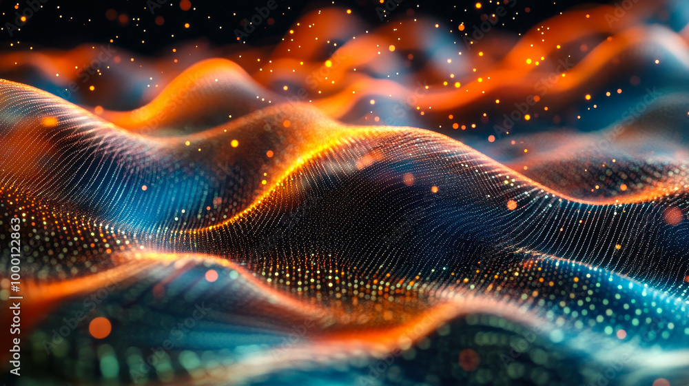 Fototapete Abstract Digital Network Waves with Glowing Particles in Futuristic Style, Concept of Data Flow and Technology Innovation